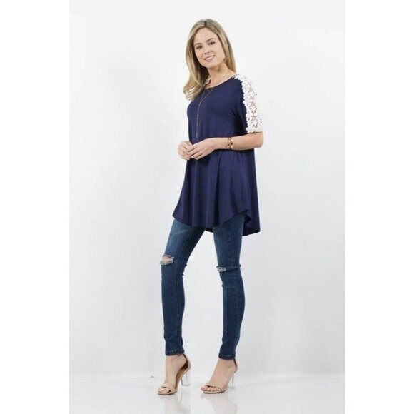 Shoulder Flower Crochet Tunic Navy Blue Medium by 42Pops - Picture 1 of 1